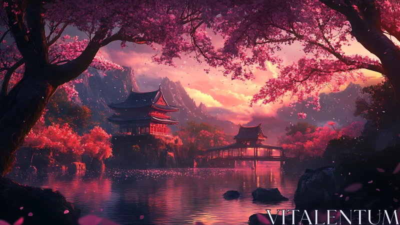Digital painting of sakura-framed lakeside temple at sunset.