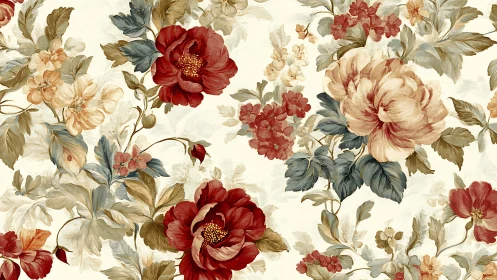 Botanical floral composition featuring red peonies and cream roses with layered watercolor rendering