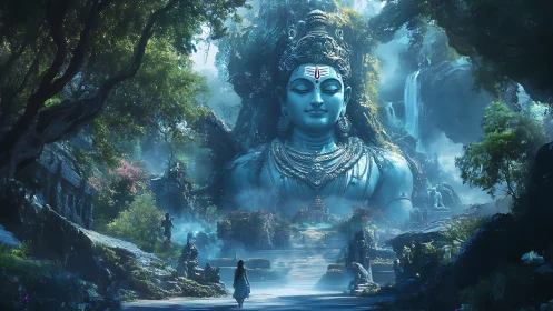 Ancient forest sanctuary cradles a serene blue stone deity