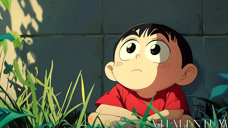 Curious child in sunlit grass with soft anime shading.