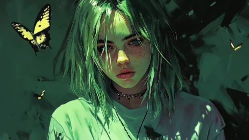 Digital portrait depicts green-haired figure with butterflies