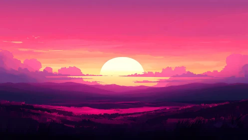 Vibrant digital sunset over stylized purple mountains.