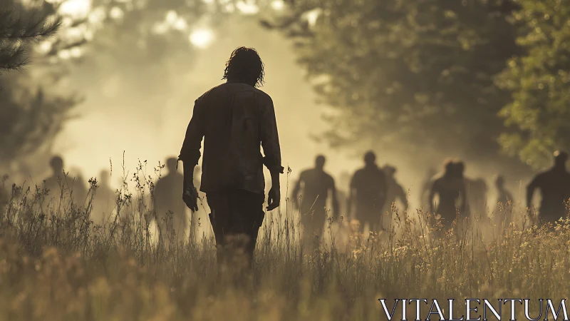 Wandering silhouettes crossing a misty golden meadow.