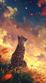 Spotted Cheetah Gazes Upward in Fiery Sunset Landscape