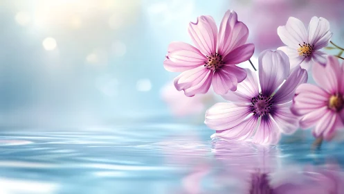 Cosmos flowers rendered with shallow depth of field reflecting through water surface