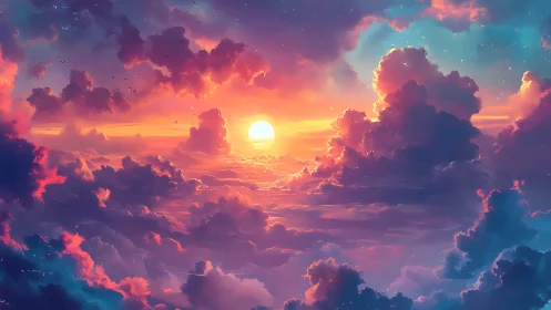 Sunset sky with dense clouds in vivid gradient light.