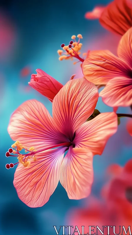 Macro Hibiscus Flores with Intricate Stamen Architecture Under Cyan Atmospheric Backdrop.