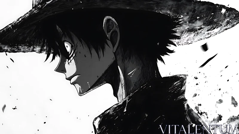 Brooding anime wanderer in tattered hat stands in stark contrast