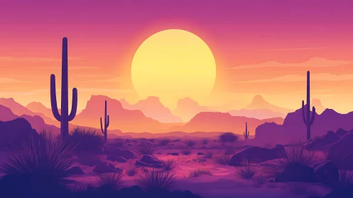 Chromatic desert sunset with layered silhouettes and cacti forms.