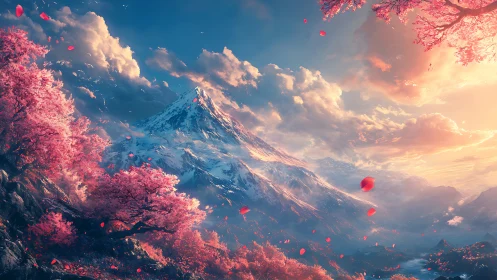 Snow peak rises above vivid cherry valley at sunset