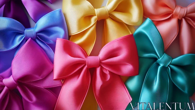 Colorful satin bows gathered in a joyful rainbow cluster.