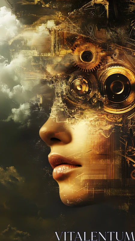 Cybernetic female profile fused with golden clockwork clouds