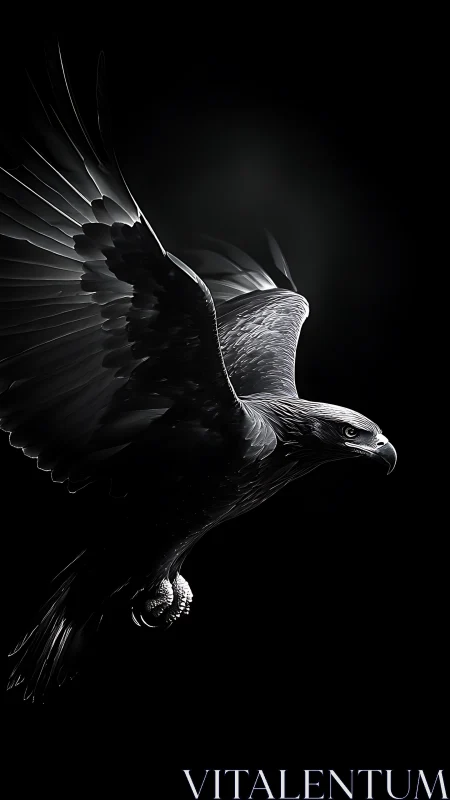 Soaring eagle stretches wide wings in bold black night sky