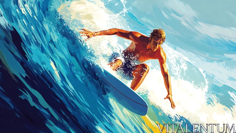 Dynamic surfer carving into a breaking wave in digital painting