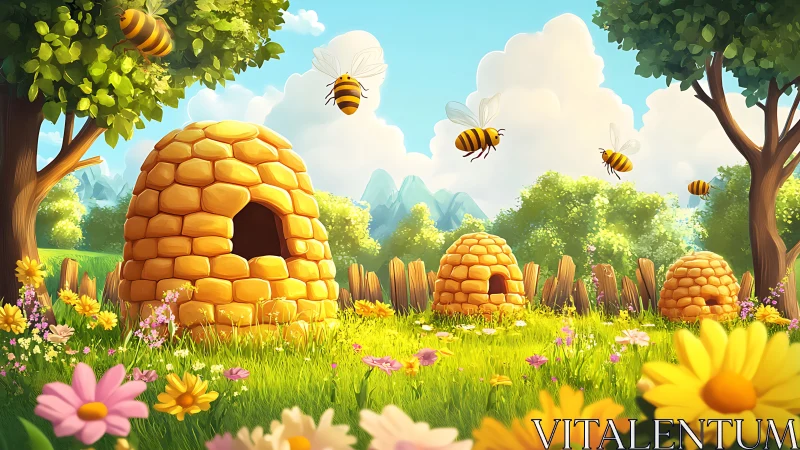 Sunny meadow beehive village with playful buzzing bees.