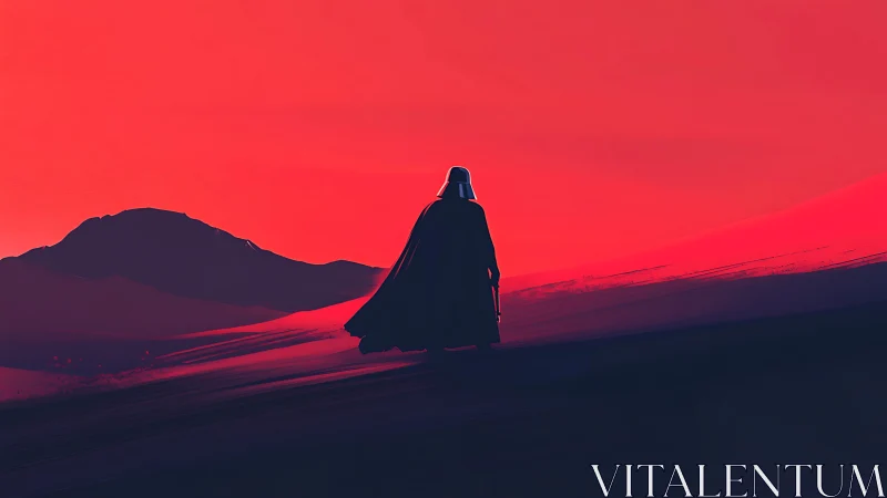 Dark cloaked figure on crimson desert ridge at dusk.