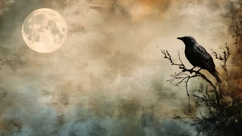 Midnight raven gossiping with a weary watercolor moon.