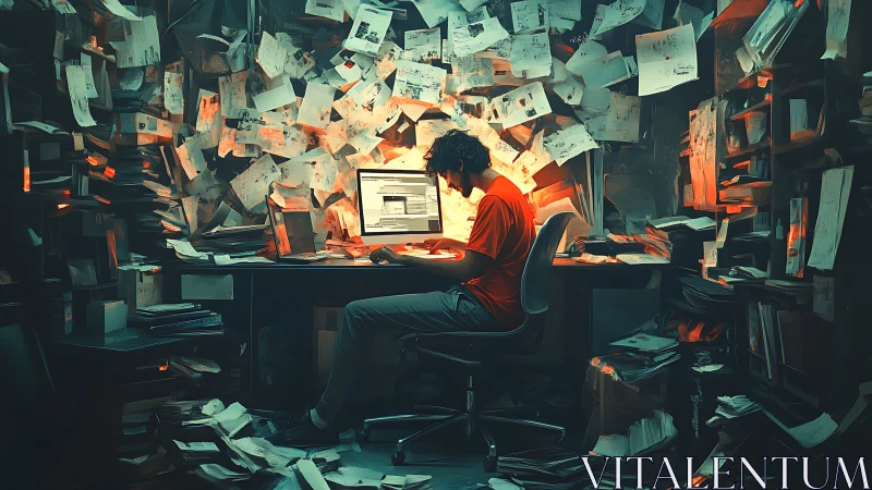 Man at computer in cluttered office with scattered paperwork.