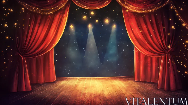 Enchanted theater stage glows under starry spotlights.
