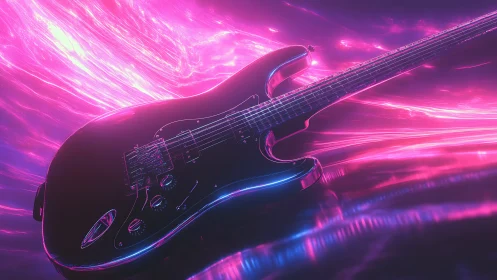 Electric guitar with neon pink and purple light trails.
