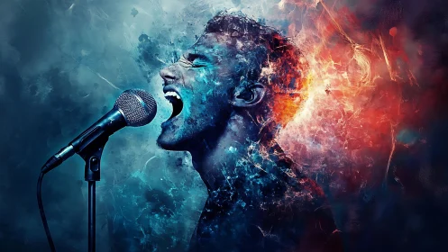 Exploding bicolor portrait of singer at microphone in dynamic burst