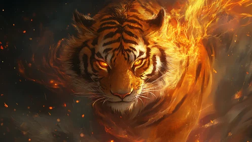 Firelit tiger spirit emerging through swirling embers.