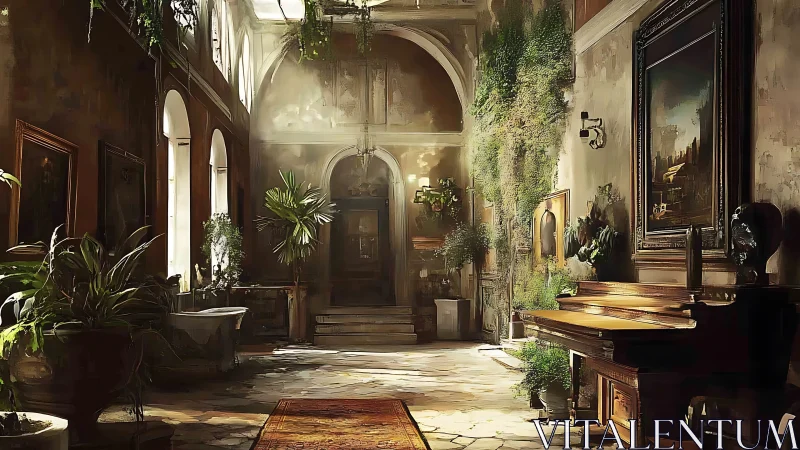 Sunlit atrium with grand piano in overgrown manor hall.