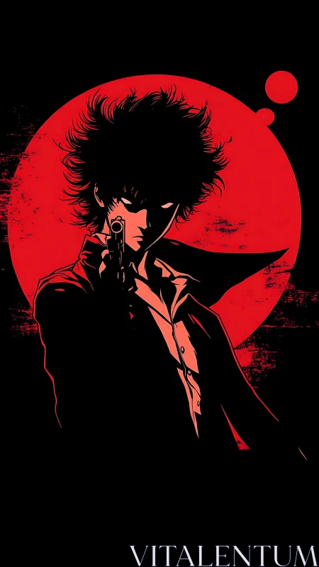 High contrast anime gunslinger silhouette before red moon