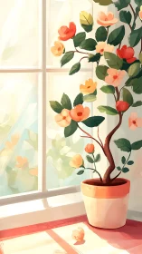 Sunlit potted flower vine curling beside bright windowpane.