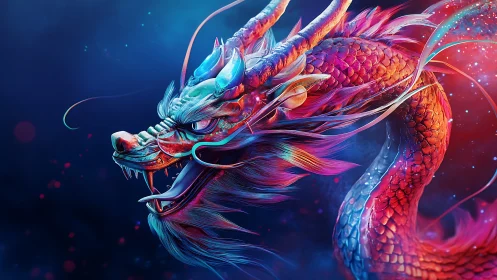 Bioluminescent eastern dragon rendered in neon chromatic detail