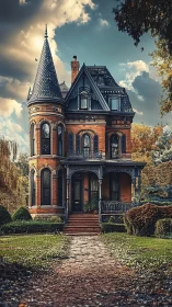 Victorian brick manor rendered in moody photorealistic detail