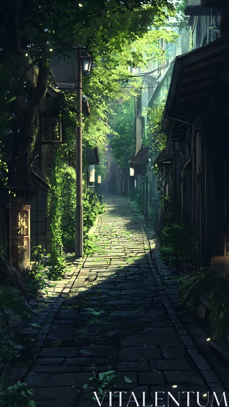 Narrow paved alleyway extends between dense foliage and shops