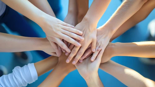 Teamwork Concept with Diverse Hands Stacked in Unity, Bright Style.