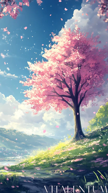 Cherry blossom tree crowns sunlit lakeside spring meadow.