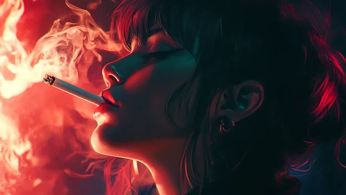 Woman in side profile exhales cigarette smoke in neon light