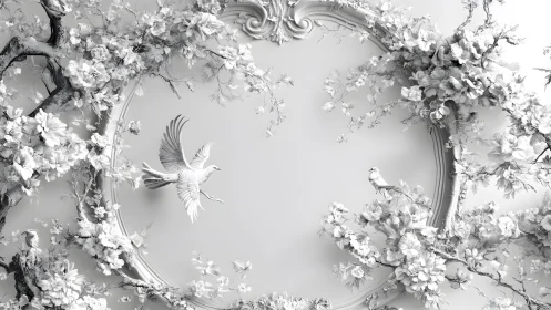 Elegant Baroque Floral Relief with Birds in Monochrome Style.