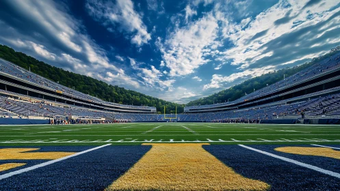 Symmetrical football stadium field under dynamic cumulus sky