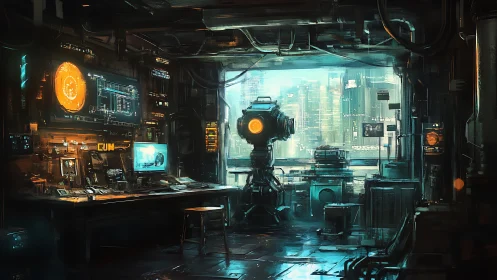 Cybernetic observatory lab with central monocular sensor unit.