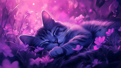 Serene Feline Resting Among Luminescent Flora: Digital Fantasy Art.