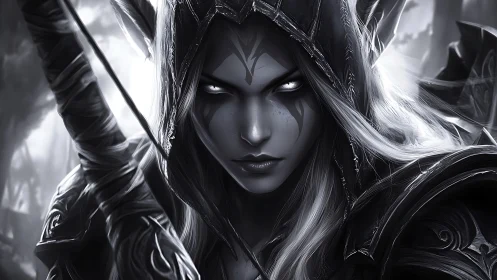 Monochrome elven ranger portrait with glowing eyes and armor.