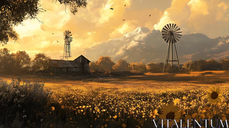 Rural farm field with windmills under golden mountain sky.