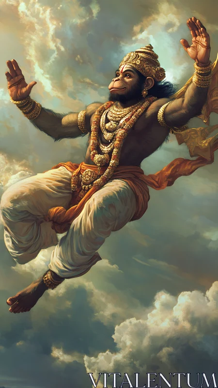 Skyborne monkey deity draped in sunlit garlands of power.