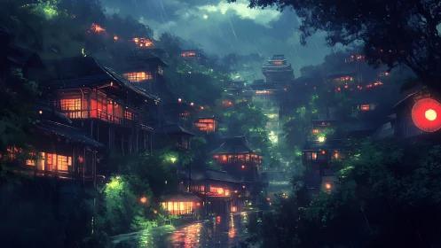 Rain-soaked terraced lantern town glows through atmospheric haze