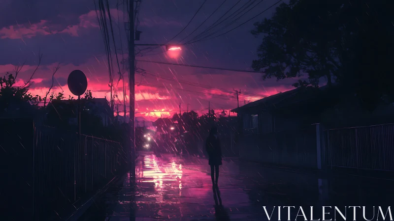 Neon rainwalk beneath a violet sunset-soaked suburban sky.