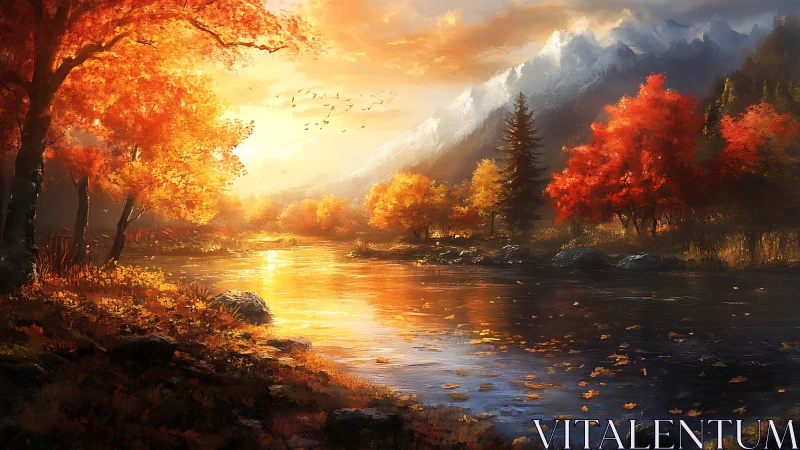 Autumn river valley at sunset with glowing foliage and peaks