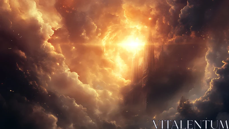 Radiant sky temple glowing softly within swirling clouds.