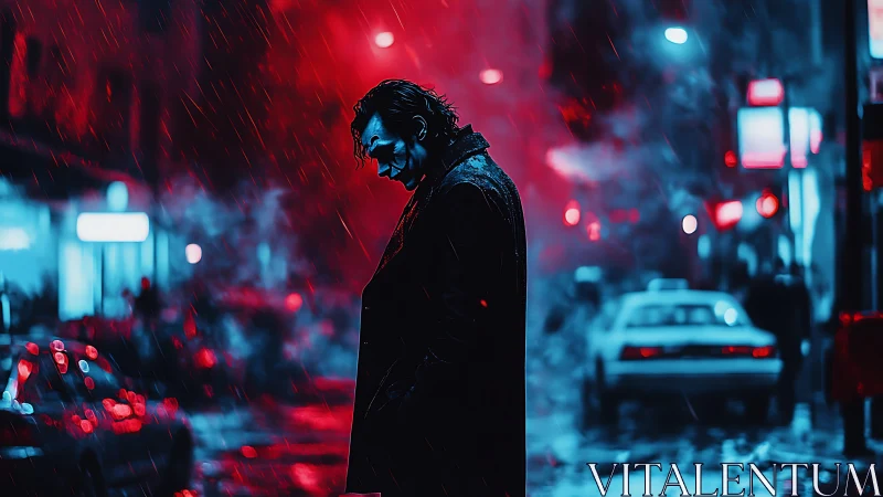 Solitary figure under neon rain in high-contrast cybernetic streets