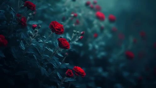 Red Roses in Teal Twilight Garden