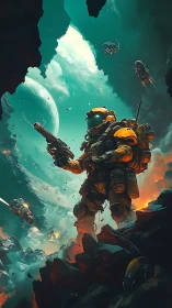 Armored space marine advances through burning alien canyon