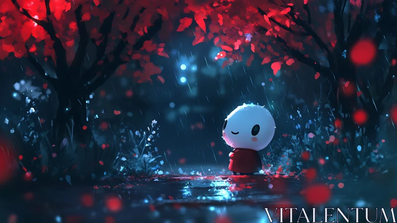 Rain-soaked chibi figure stands beneath glowing crimson canopy